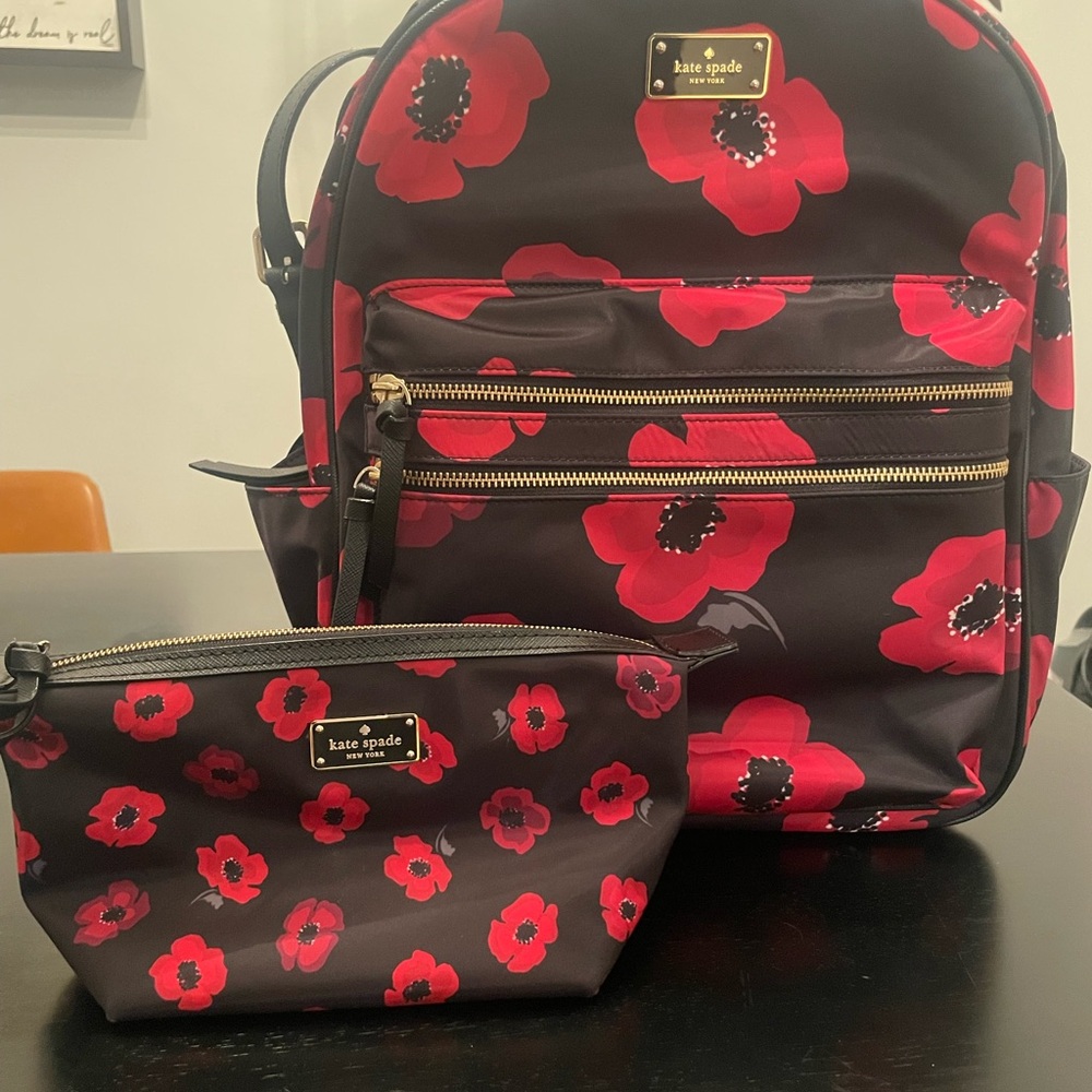 Kate Spade Black and Red Floral Backpack with Pouch